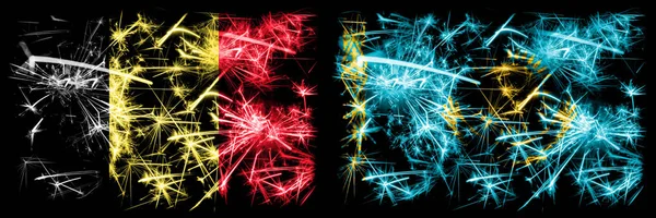 Belgium, Belgian, Kazakhstan, Kazakhstani sparkling fireworks concept and idea flags — Stock Photo, Image