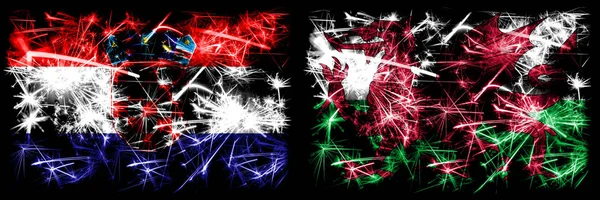 克罗地亚， 克罗地亚， 威尔士， 威尔士闪闪发光的烟花概念和创意旗帜 — 图库照片