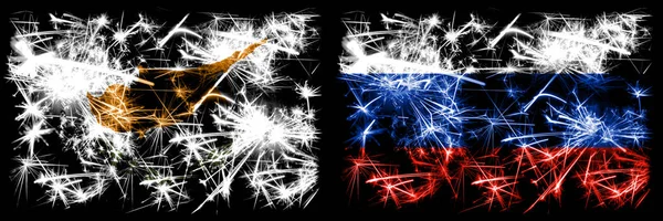 Cyprus, Cyprian, Russia, Russian sparkling fireworks concept and idea flags — Stock Photo, Image