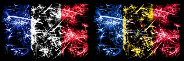 프랑스, 프랑스, 몰도바, 몰도바 반짝이는 불꽃 놀이 개념과 아이디어 플래그 — 스톡 사진