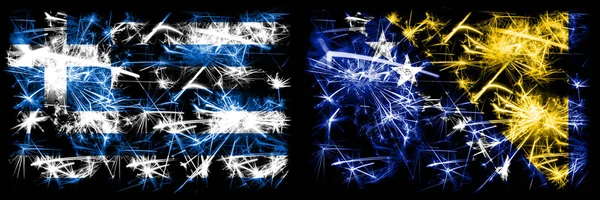 Greece, Greek, Bosnia Herzegovina, Bosnian sparkling fireworks concept and idea flags