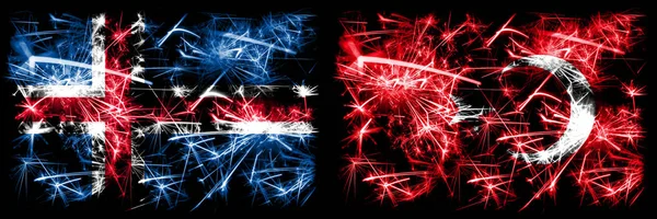 Islandia, Islandia, Turquía, Turquía, flip sparkling fireworks concept and idea banderas —  Fotos de Stock