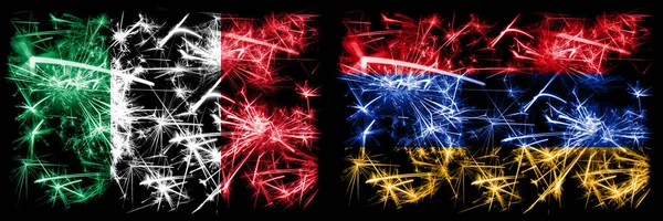 Itália, Itália, Armênia, conceito de fogos de artifício espumantes armênios e bandeiras de ideia — Fotografia de Stock