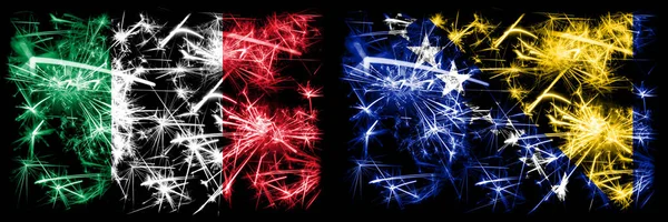 Italy, Italian, Bosnia Herzegovina, Bosnian sparkling fireworks concept and idea flags — Stock Photo, Image