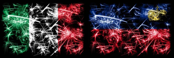 Italia, Italia, Finlandia, Finlandia, Liechtenstein, flip sparkling fireworks concept and idea banderas —  Fotos de Stock