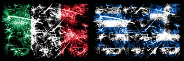 Italy, Italian, Greece, Greek, flip sparkling fireworks concept and idea flags