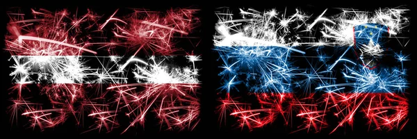 Letonia, Letonia, Eslovenia, Eslovenia, el concepto de fuegos artificiales chispeantes y banderas de ideas —  Fotos de Stock