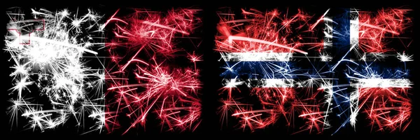 Malta, Malta, Noruega, Noruega, flip sparkling fireworks concept and idea banderas —  Fotos de Stock