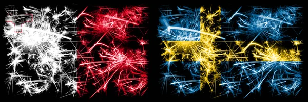 Malta, Maltês, Suécia, conceito sueco de fogos de artifício cintilantes e bandeiras de ideias — Fotografia de Stock