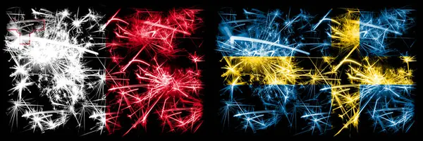 Malta, Maltese, Sweden, Swedish, flip sparkling fireworks concept and idea flags — Stock Photo, Image