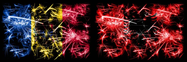 Moldova, Moldovan, Albania, Albanian sparkling fireworks concept and idea flags