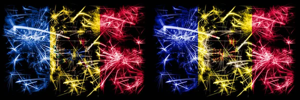 Moldávia, Moldávia, Andorra, Andorra conceito de fogos de artifício espumantes e bandeiras de ideias — Fotografia de Stock
