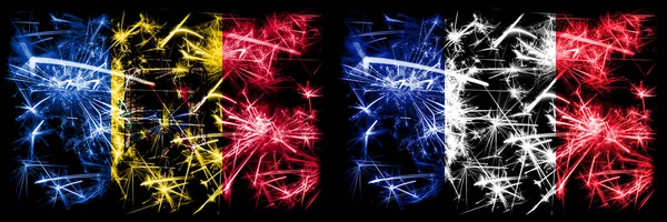 몰도바, 몰도바, 프랑스, 프랑스, 반짝이는 불꽃놀이 컨셉 및 아이디어 플래그 — 스톡 사진