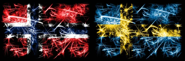 Norway, Norwegian, Sweden, Swedish sparkling fireworks concept and idea flags — Stock Photo, Image