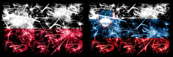 Polonia, Polonia, Slovenia, concetto di fuochi d'artificio frizzanti sloveni e bandiere dell'idea — Foto Stock