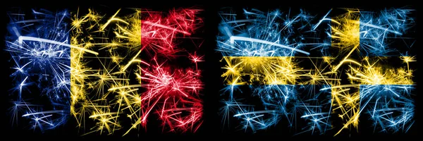 Románia, román, Svédország, svéd, flip csillogó tűzijáték koncepció és ötlet zászlók — Stock Fotó
