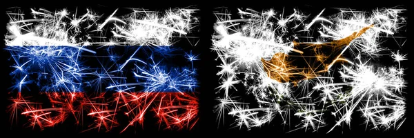 Russia, Cyprus sparkling fireworks concept and idea flags — Stock Photo, Image