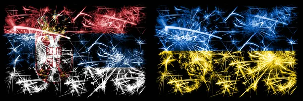 Serbie, Ukraine feux d'artifice scintillants concept et drapeaux d'idée — Photo