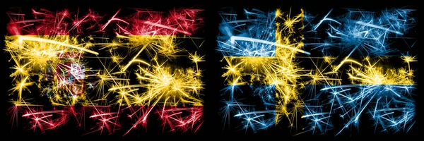 Španělsko, španělština, Švédsko, švédská koncepce perlivých ohňostrojů a nápadové vlajky — Stock fotografie