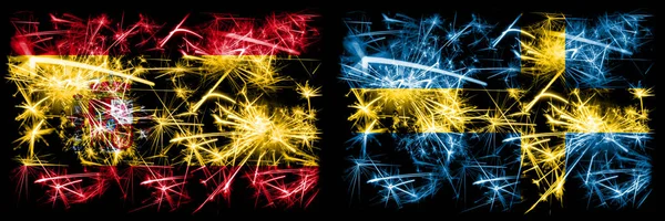 Spain, Spanish, Sweden, Swedish, flip sparkling fireworks concept and idea flags — Stock Photo, Image