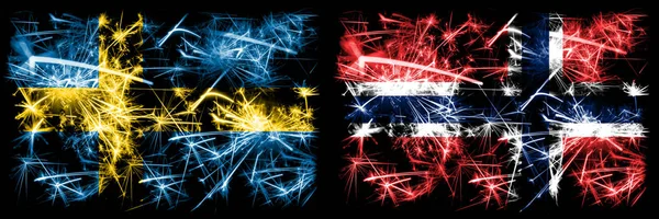 Suécia, Suécia, Noruega, Noruega, Noruega, lançam o conceito de fogos de artifício espumantes e bandeiras de ideias — Fotografia de Stock