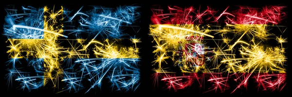 Suécia, Suécia, Espanha, conceito de fogos de artifício espumantes espanhóis e bandeiras de ideias — Fotografia de Stock