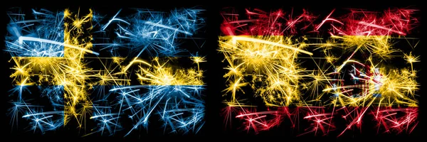 Suécia, Suécia, Espanha, Espanha, Espanha, lançam o conceito de fogos de artifício espumantes e bandeiras de ideias — Fotografia de Stock