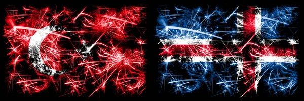 Turkey, Turkish, Iceland, Icelandic, flip sparkling fireworks concept and idea flags — Stock Photo, Image