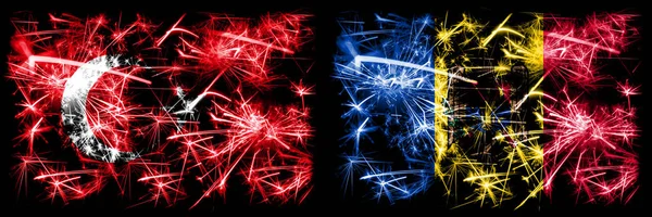 Turkey, Turkish, Moldova, Moldovan sparkling fireworks concept and idea flags — Stock Photo, Image