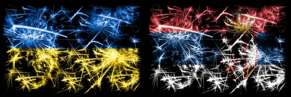 Ουκρανία, Σερβία, αντιστροφή της έννοιας των αφρώδης πυροτεχνημάτων και σημαίες ιδεών — Φωτογραφία Αρχείου