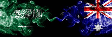 Suudi Arabistan Krallığı vs Avustralya, Avustralya dumanlı mistik bayraklar yan yana yerleştirilir. Arapça kalın renkli ipeksi duman bayrakları, Arap ve Avustralya, Avustralya