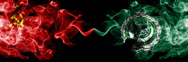 Communist vs Arab League abstract smoky mystic flags placed side by side. Thick colored silky smoke flags of Communism and Arab League — Stock Photo, Image