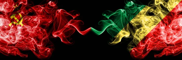 Communist vs Congo, Congolese abstract smoky mystic flags placed side by side. Thick colored silky smoke flags of Communism and Congo, Congolese — Stock Photo, Image