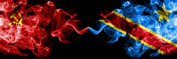 Communist vs Democratic Republic of the Congo abstract smoky mystic flags placed side by side. Thick colored silky smoke flags of Communism and Democratic Republic of the Congo — Stock Photo, Image