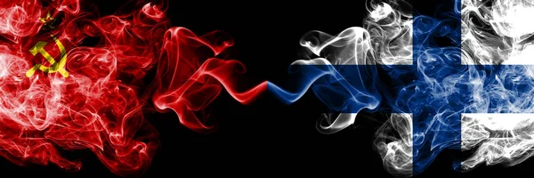 Communist vs Finland, FInnish abstract smoky mystic flags placed side by side. Thick colored silky smoke flags of Communism and Finland, FInnish — Stock Photo, Image