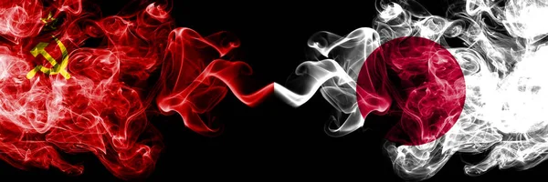 Communist vs Japan, Japanese abstract smoky mystic flags placed side by side. Thick colored silky smoke flags of Communism and Japan, Japanese — Stock Photo, Image