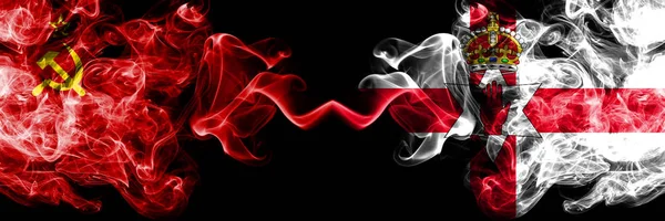 Communist vs Northern Ireland abstract smoky mystic flags placed side by side. Thick colored silky smoke flags of Communism and Northern Ireland — Stock Photo, Image