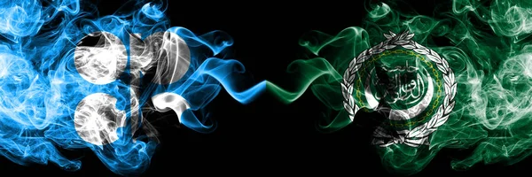 Opec vs Liga Árabe abstrato fumaça bandeiras místicas colocados lado a lado. Bandeiras de fumaça sedosa de cor grossa de Opec e Liga Árabe — Fotografia de Stock
