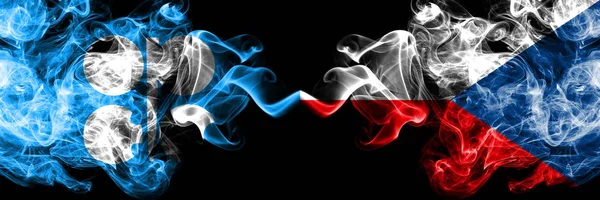 Opec vs Czechy abstrakcyjne smoky mistyczne flagi umieszczone obok siebie. Grube jedwabne flagi dymne Republiki Czeskiej i Opec — Zdjęcie stockowe