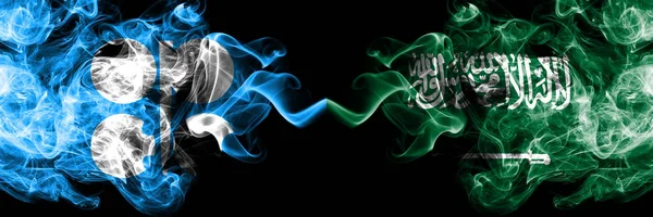 Opec vs Arabia Saudyjska, Arabian abstrakcyjne smoky mistyczne flagi umieszczone obok siebie. Grube jedwabne flagi dymne Opec i Arabii Saudyjskiej, Arabia Saudyjska — Zdjęcie stockowe