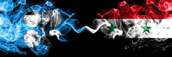 Opec vs Syria, Syrian abstract smoky mystic flags placed side by side. Thick colored silky smoke flags of Opec and Syria, Syrian — Stock Photo, Image