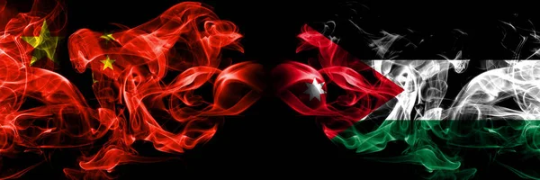 China vs Jordan, Jordanian smoke flags placed side by side. Thick colored silky smoke flags of Chinese and Jordan, Jordanian — Stock Photo, Image