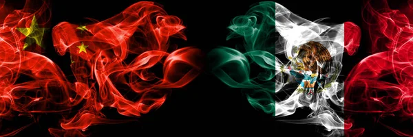 China vs Mexico, Mexican smoke flags placed side by side. Thick colored silky smoke flags of Chinese and Mexico, Mexican — Stock Photo, Image