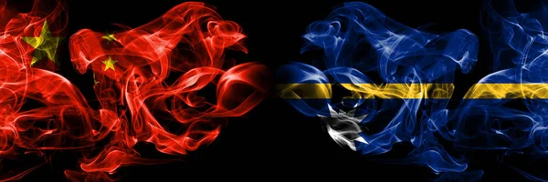 China vs Nauru smoke flags placed side by side. Thick colored silky smoke flags of Chinese and Nauru — Stock Photo, Image