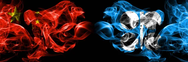 China vs OPEC smoke flags placed side by side. Thick colored silky smoke flags of Chinese and OPEC — Stock Photo, Image
