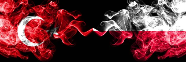 Turkey vs Poland, Polish smoke flags placed side by side. Thick colored silky smoke flags of Turkish and Poland, Polish — Stock Photo, Image