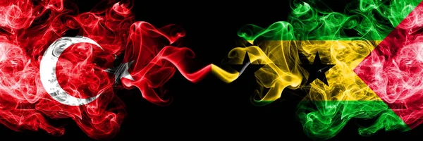 Turkey vs Sao Tome and Principe smoke flags placed side by side. Thick colored silky smoke flags of Turkish and Sao Tome and Principe — Stock Photo, Image