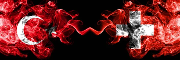 Turkey vs Switzerland, Swiss smoke flags placed side by side. Thick colored silky smoke flags of Turkish and Switzerland, Swiss — Stock Photo, Image