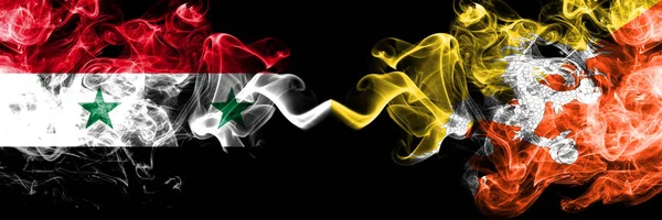 Syria vs Bhutan, Bhutanese smoke flags placed side by side. Thick colored silky smoke flags of Syrian and Bhutan, Bhutanese — Stock Photo, Image