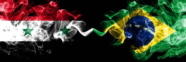 Syria vs Brazil, Brazilian smoke flags placed side by side. Thick colored silky smoke flags of Syrian and Brazil, Brazilian — Stock Photo, Image
